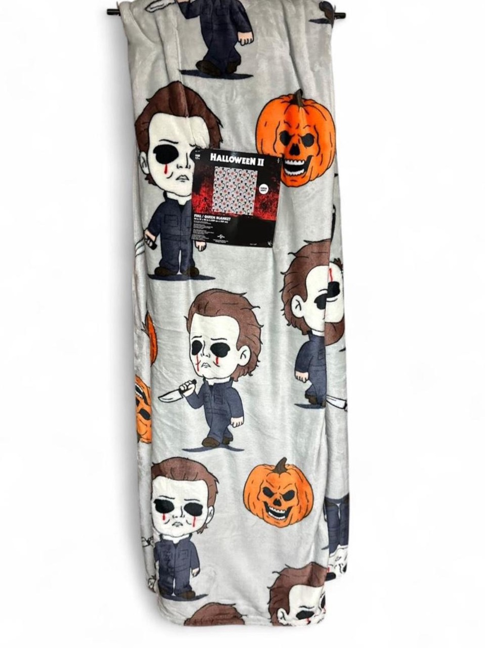 Halloween II Michael Myers Plush Throw Blanket - Gray with Orange Pumpkins